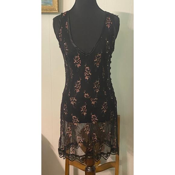 Vintage Wet Seal Mesh Sequin Lace Button Side Dress (M) Whimsigoth Vamp Romantic - Picture 3 of 12